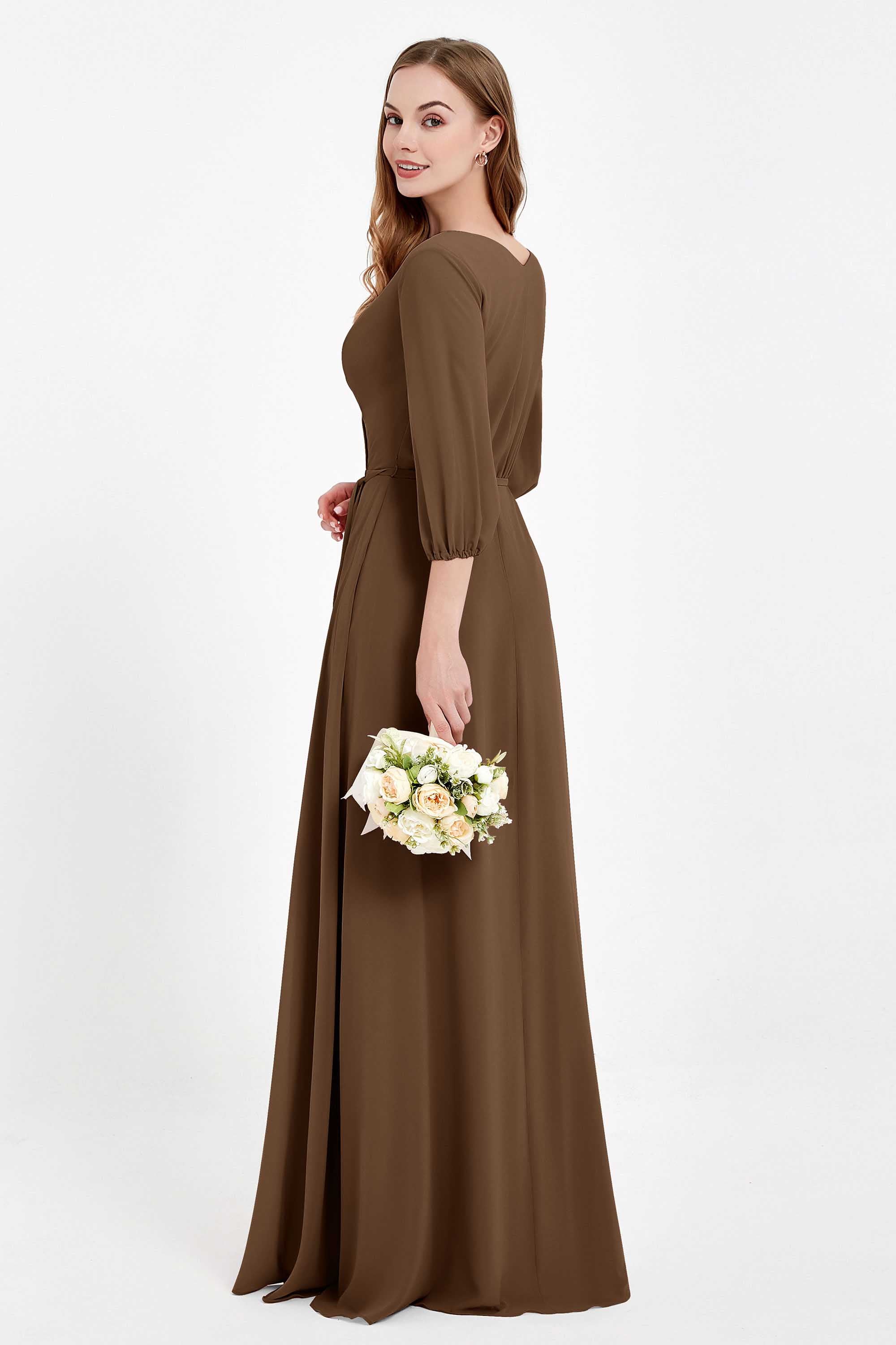 Long Sleeves V Neck Chiffon Bridesmaid Dresses Mother of the Bride Dress Evening Party Gowns