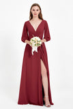 Long Sleeves V Neck Chiffon Bridesmaid Dresses Mother of the Bride Dress Evening Party Gowns