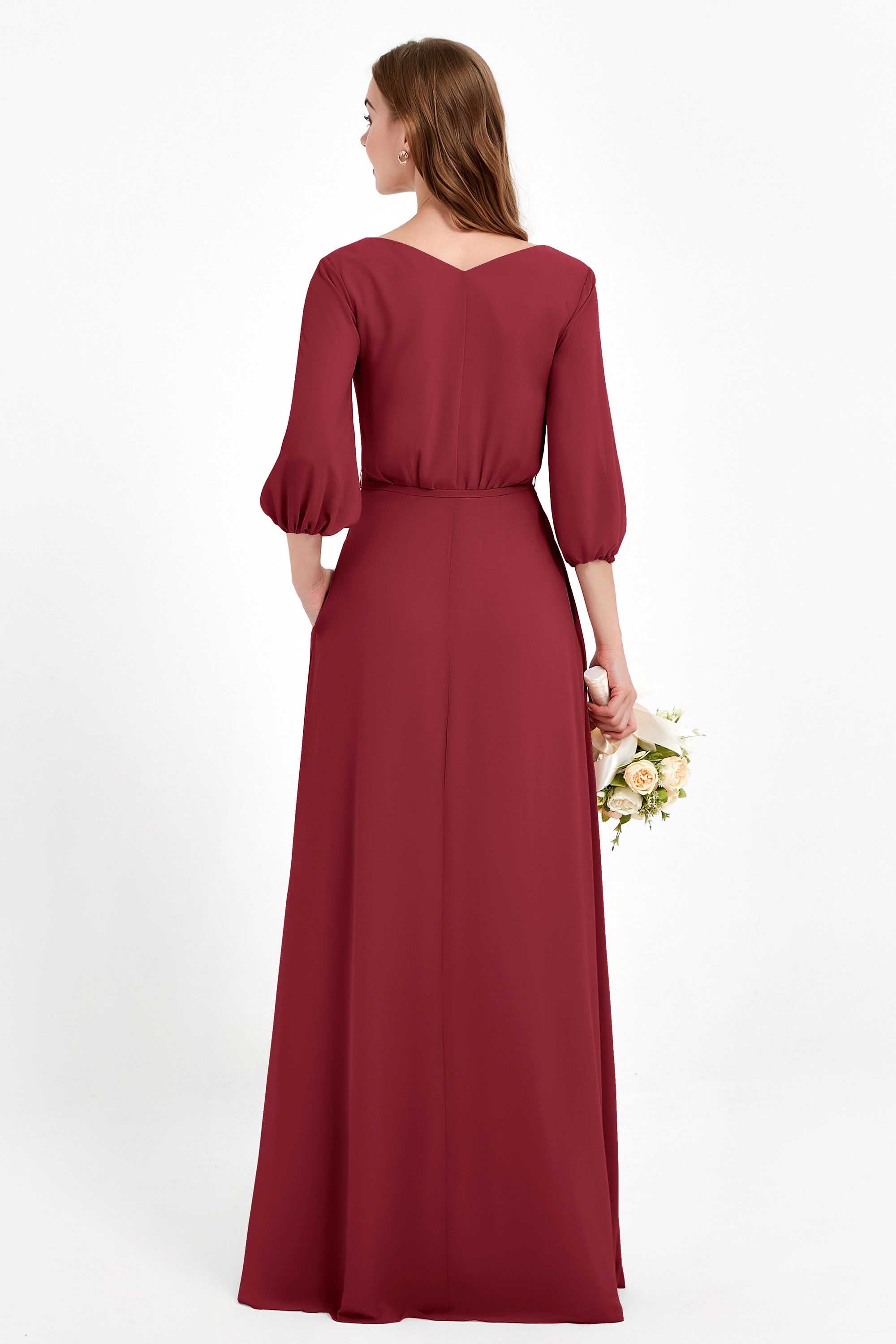 Long Sleeves V Neck Chiffon Bridesmaid Dresses Mother of the Bride Dress Evening Party Gowns