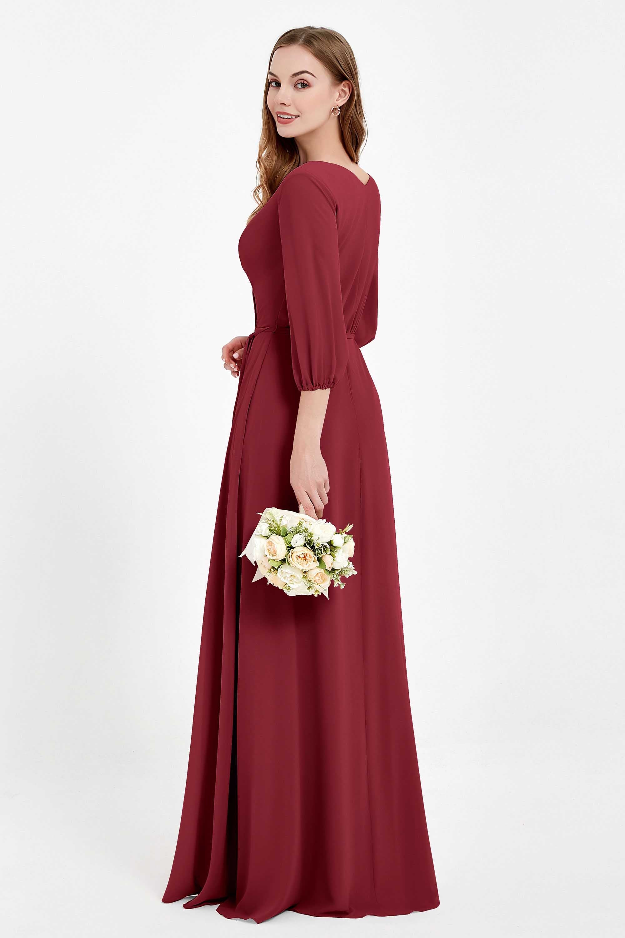 Long Sleeves V Neck Chiffon Bridesmaid Dresses Mother of the Bride Dress Evening Party Gowns