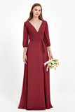 Long Sleeves V Neck Chiffon Bridesmaid Dresses Mother of the Bride Dress Evening Party Gowns