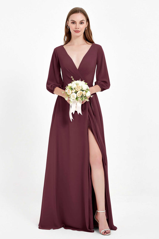 Long Sleeves V Neck Chiffon Bridesmaid Dresses Mother of the Bride Dress Evening Party Gowns