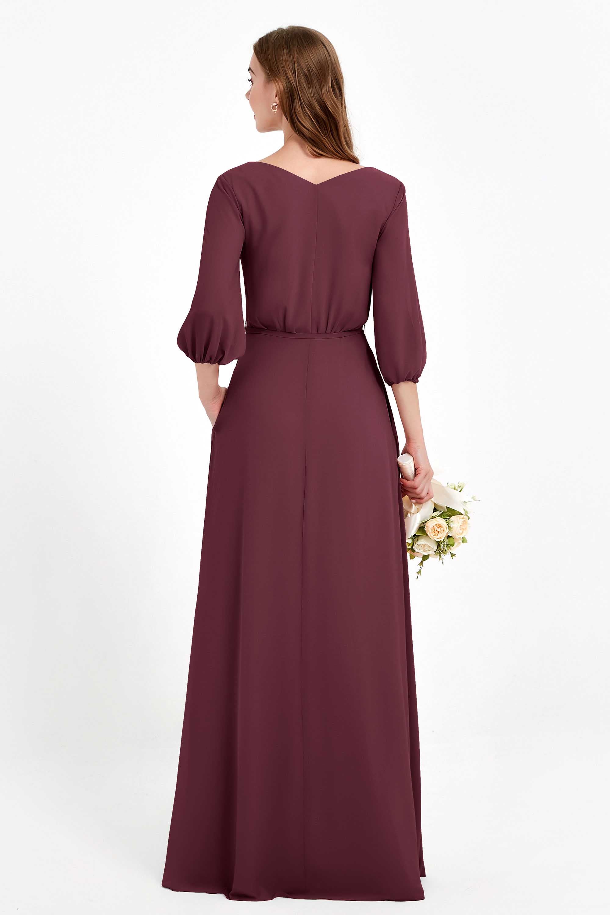 Long Sleeves V Neck Chiffon Bridesmaid Dresses Mother of the Bride Dress Evening Party Gowns