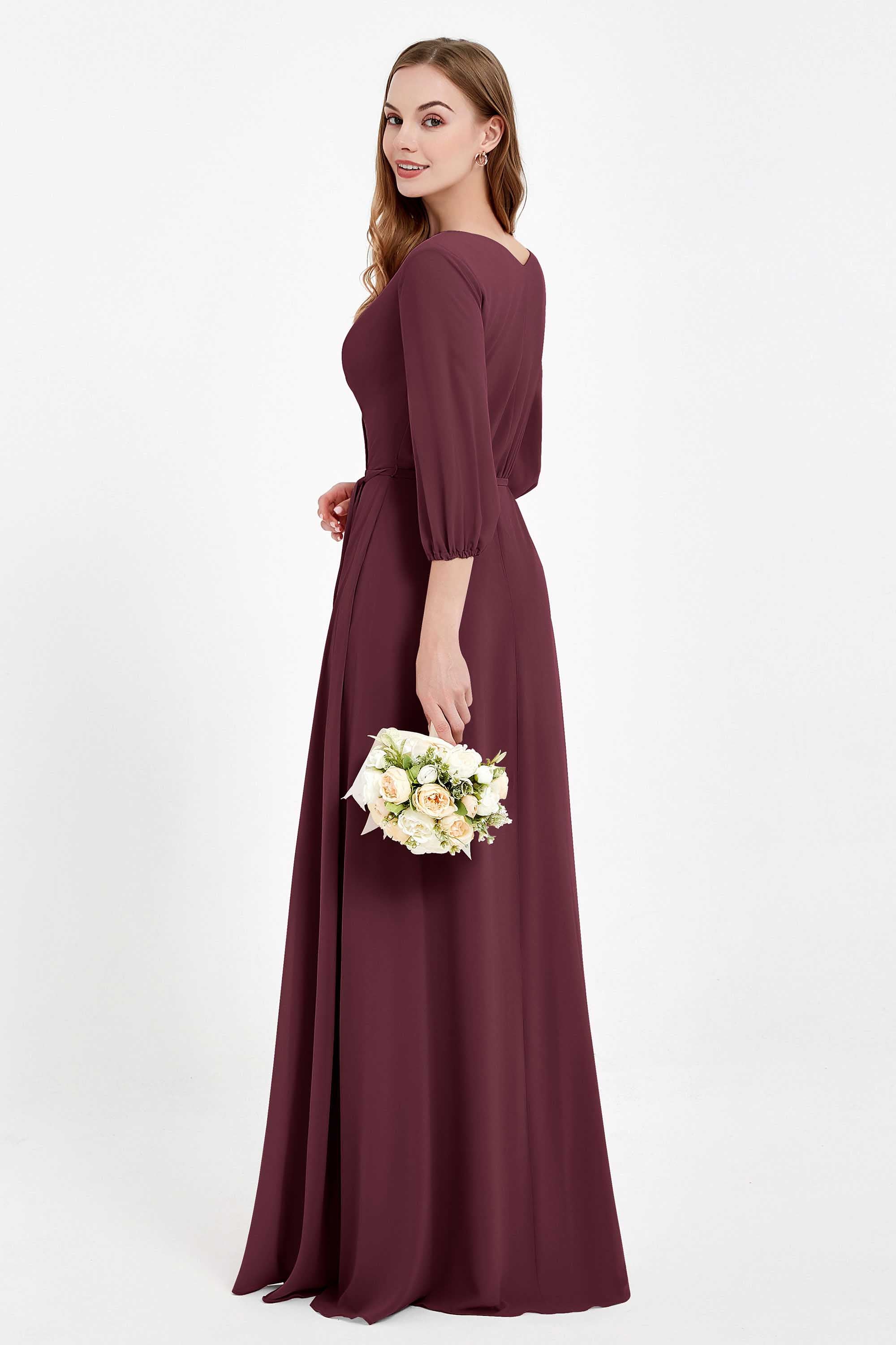 Long Sleeves V Neck Chiffon Bridesmaid Dresses Mother of the Bride Dress Evening Party Gowns