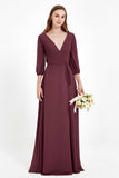 Long Sleeves V Neck Chiffon Bridesmaid Dresses Mother of the Bride Dress Evening Party Gowns
