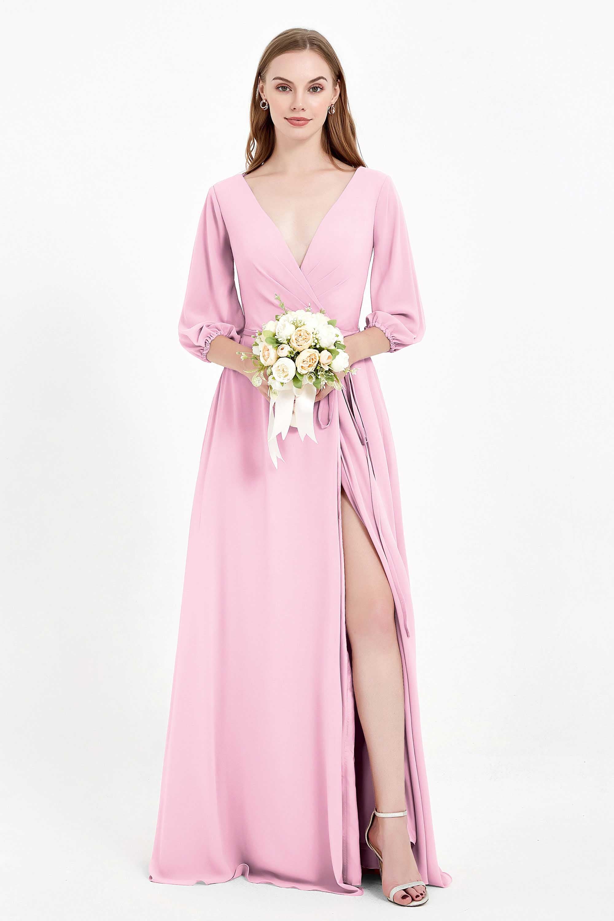 Long Sleeves V Neck Chiffon Bridesmaid Dresses Mother of the Bride Dress Evening Party Gowns