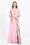 Long Sleeves V Neck Chiffon Bridesmaid Dresses Mother of the Bride Dress Evening Party Gowns