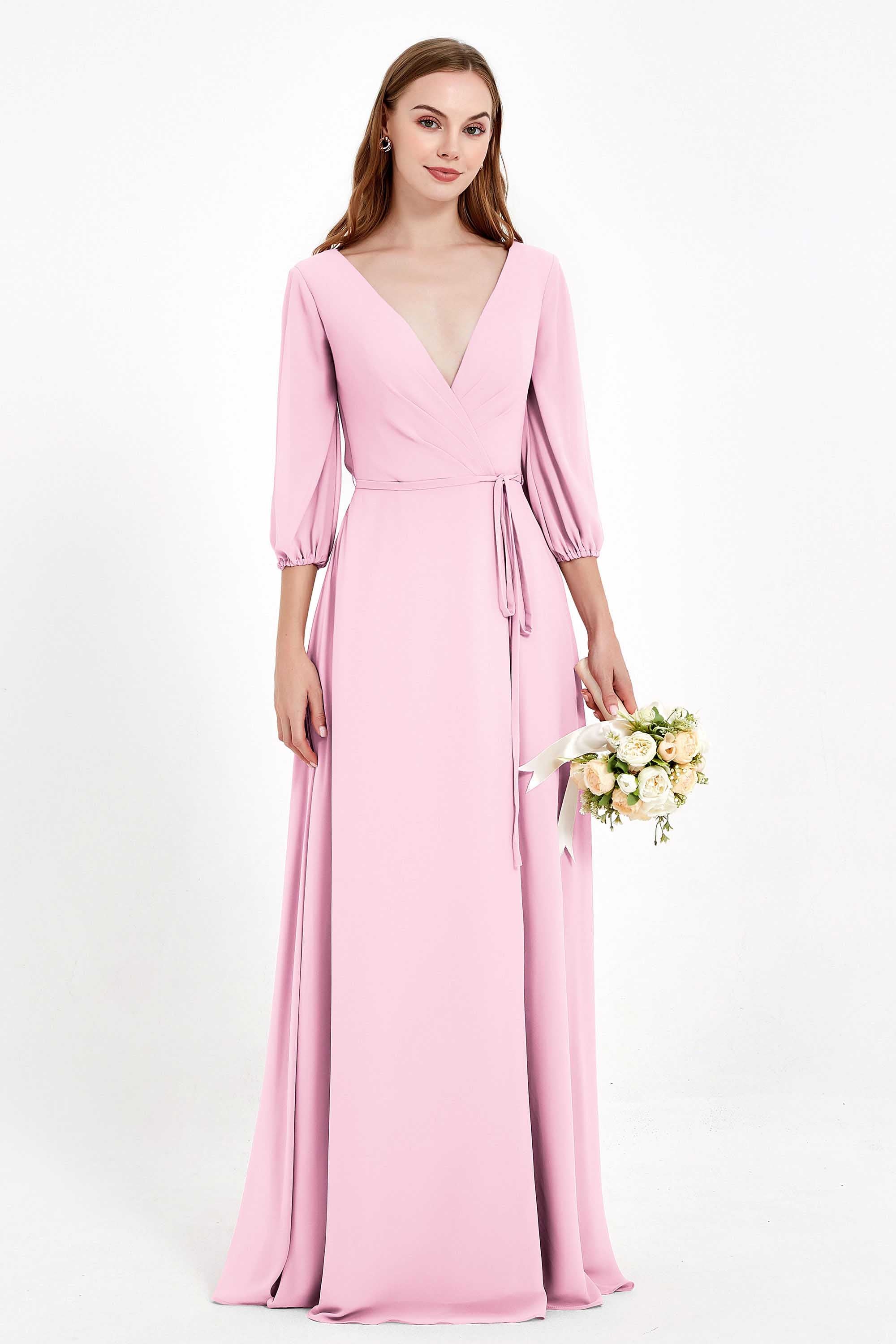 Long Sleeves V Neck Chiffon Bridesmaid Dresses Mother of the Bride Dress Evening Party Gowns