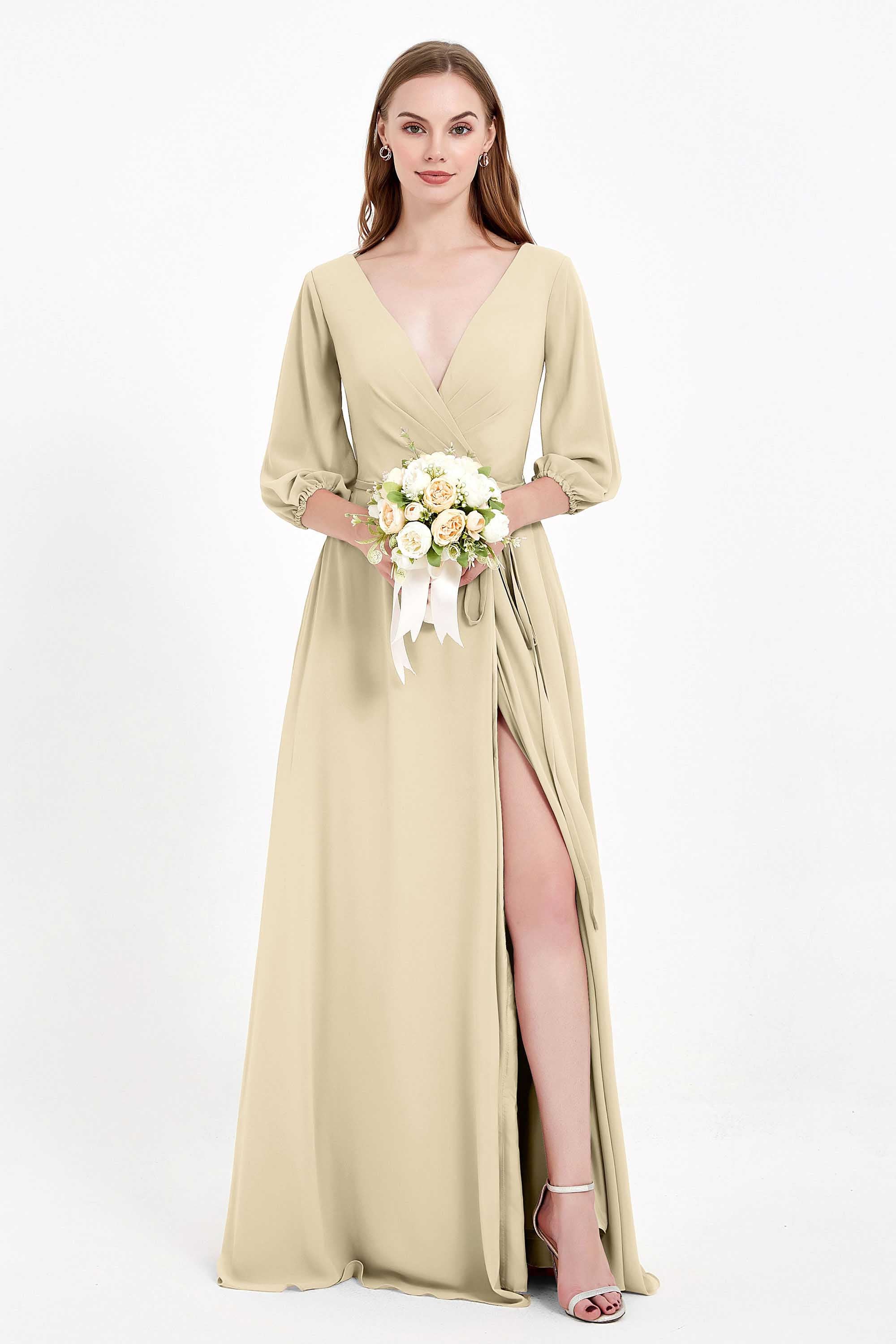 Long Sleeves V Neck Chiffon Bridesmaid Dresses Mother of the Bride Dress Evening Party Gowns