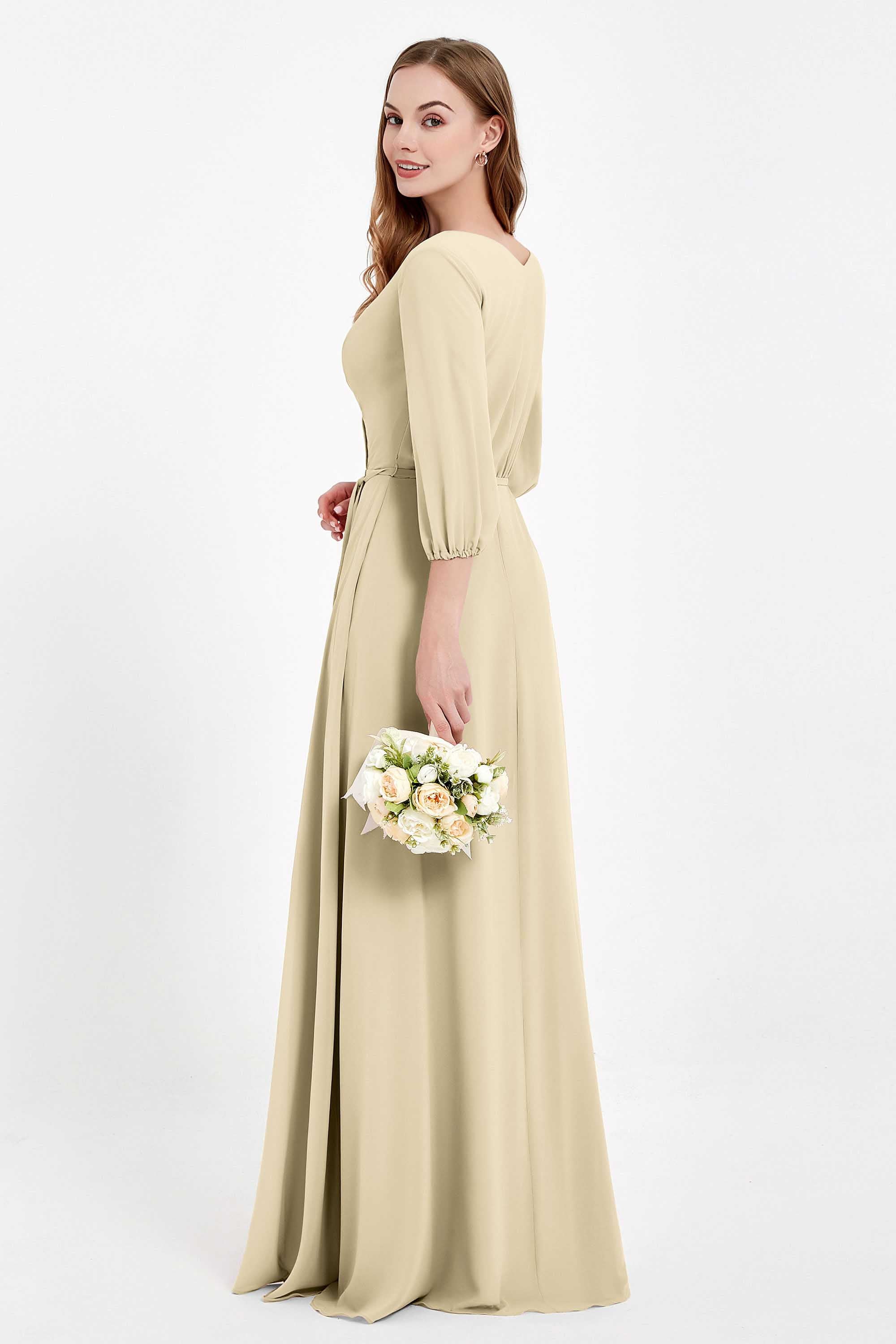 Long Sleeves V Neck Chiffon Bridesmaid Dresses Mother of the Bride Dress Evening Party Gowns