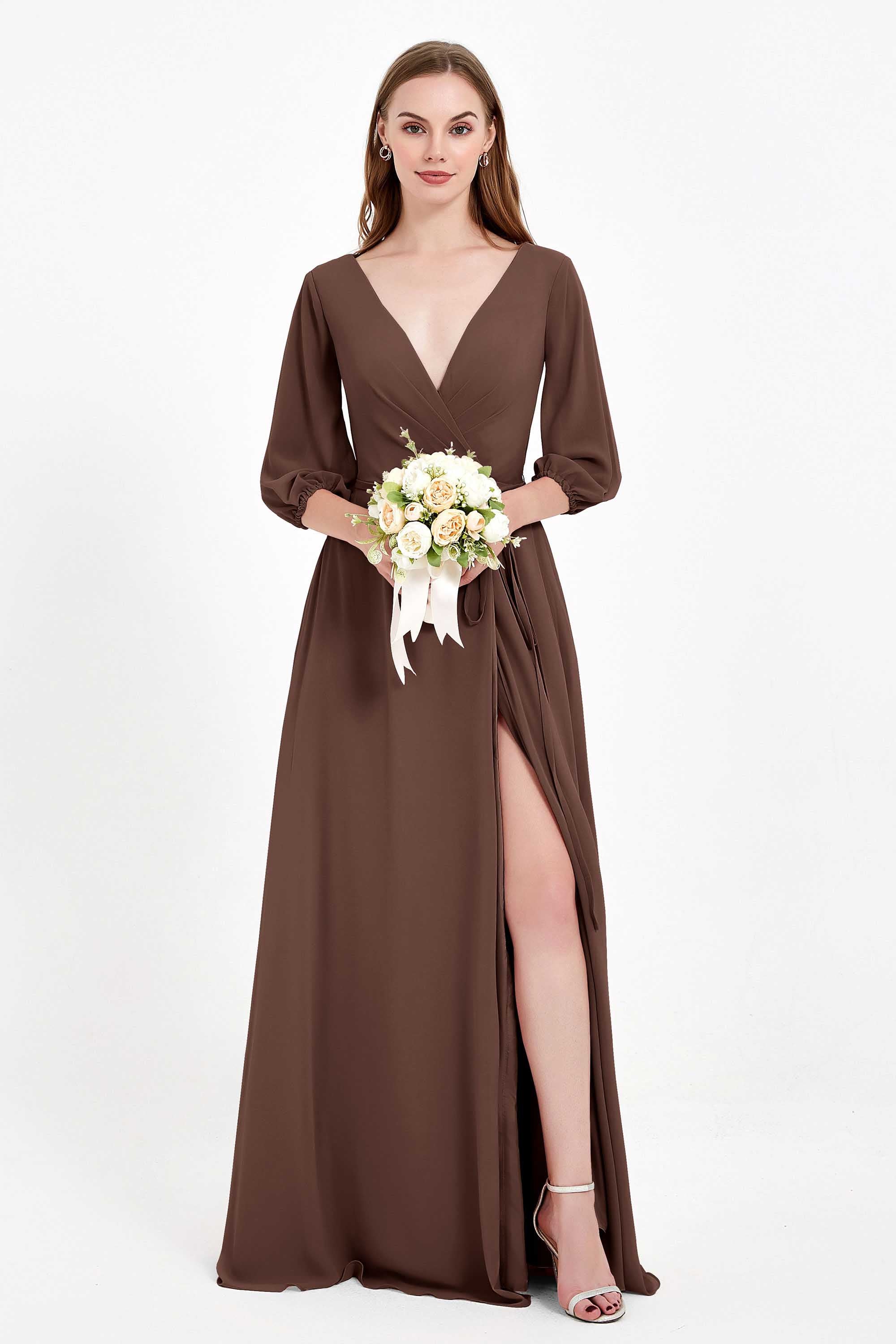 Long Sleeves V Neck Chiffon Bridesmaid Dresses Mother of the Bride Dress Evening Party Gowns