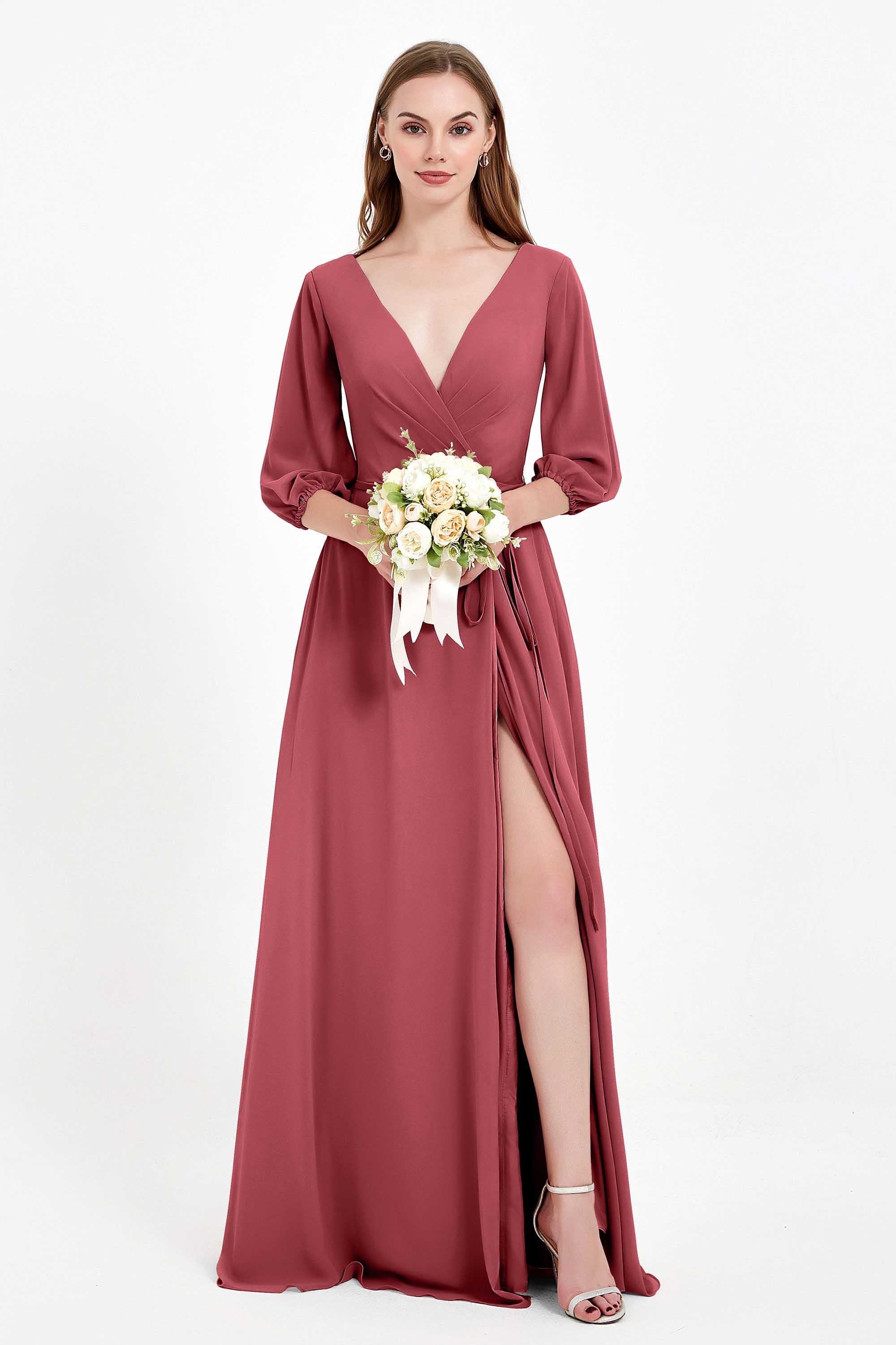 Long Sleeves V Neck Chiffon Bridesmaid Dresses Mother of the Bride Dress Evening Party Gowns