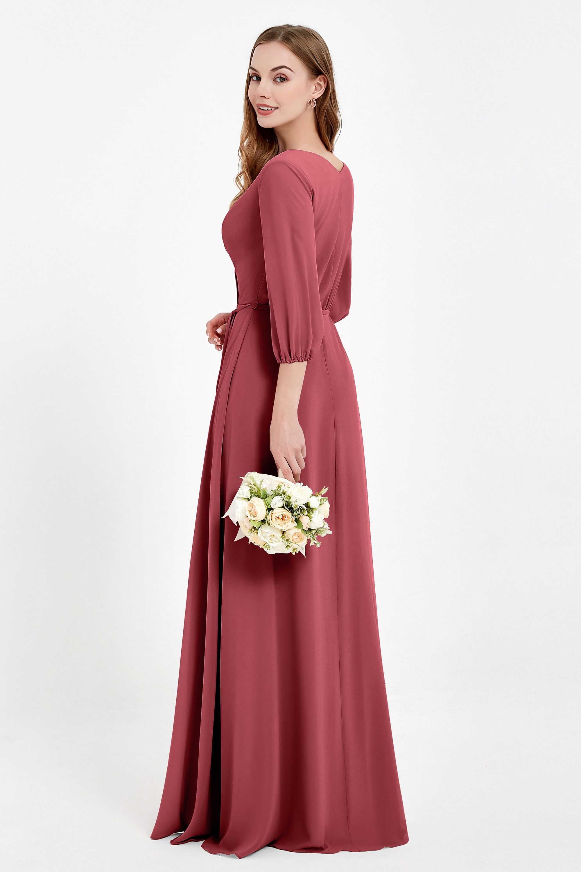 Long Sleeves V Neck Chiffon Bridesmaid Dresses Mother of the Bride Dress Evening Party Gowns