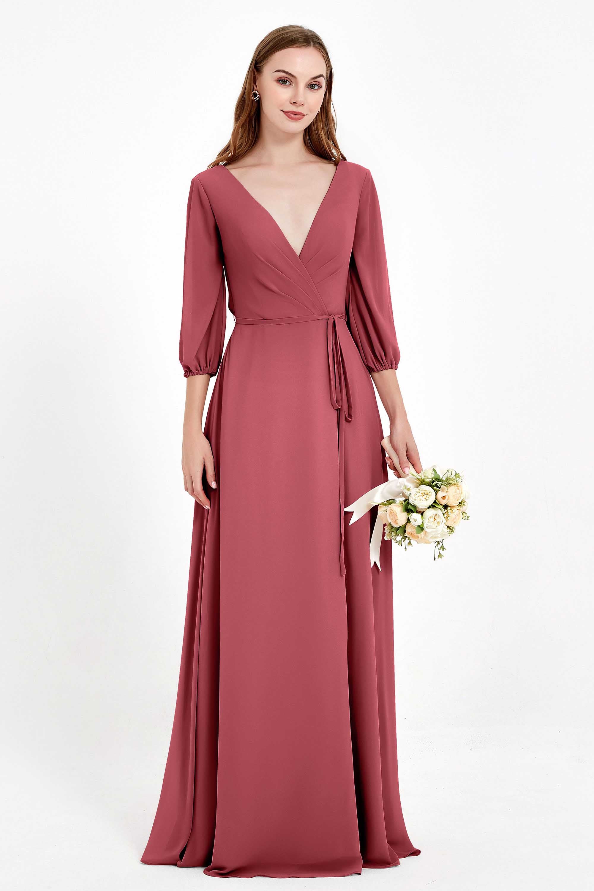 Long Sleeves V Neck Chiffon Bridesmaid Dresses Mother of the Bride Dress Evening Party Gowns