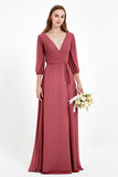 Long Sleeves V Neck Chiffon Bridesmaid Dresses Mother of the Bride Dress Evening Party Gowns