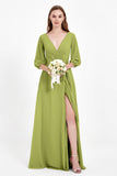Long Sleeves V Neck Chiffon Bridesmaid Dresses Mother of the Bride Dress Evening Party Gowns