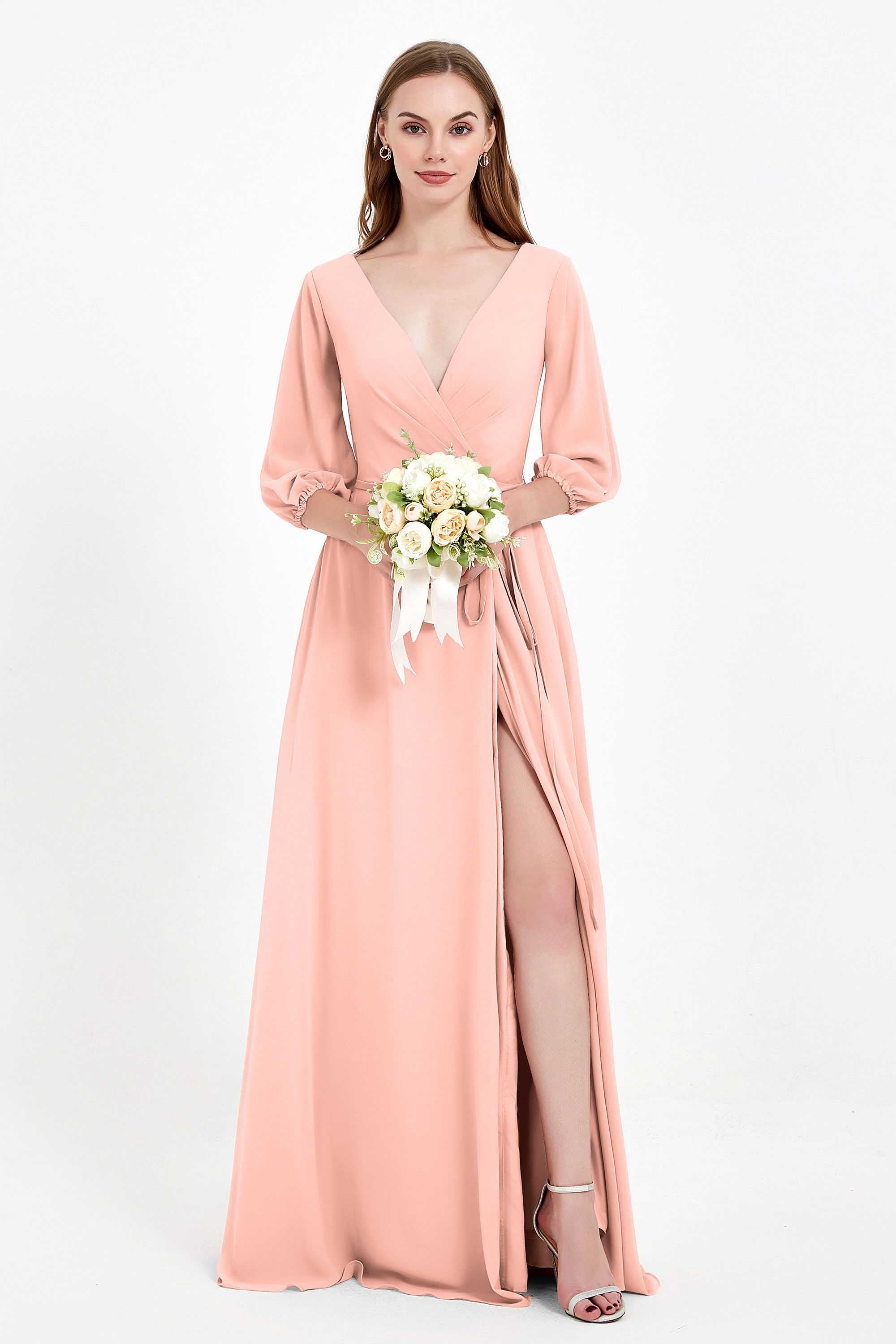 Long Sleeves V Neck Chiffon Bridesmaid Dresses Mother of the Bride Dress Evening Party Gowns