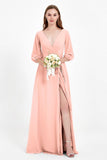 Long Sleeves V Neck Chiffon Bridesmaid Dresses Mother of the Bride Dress Evening Party Gowns