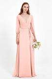 Long Sleeves V Neck Chiffon Bridesmaid Dresses Mother of the Bride Dress Evening Party Gowns