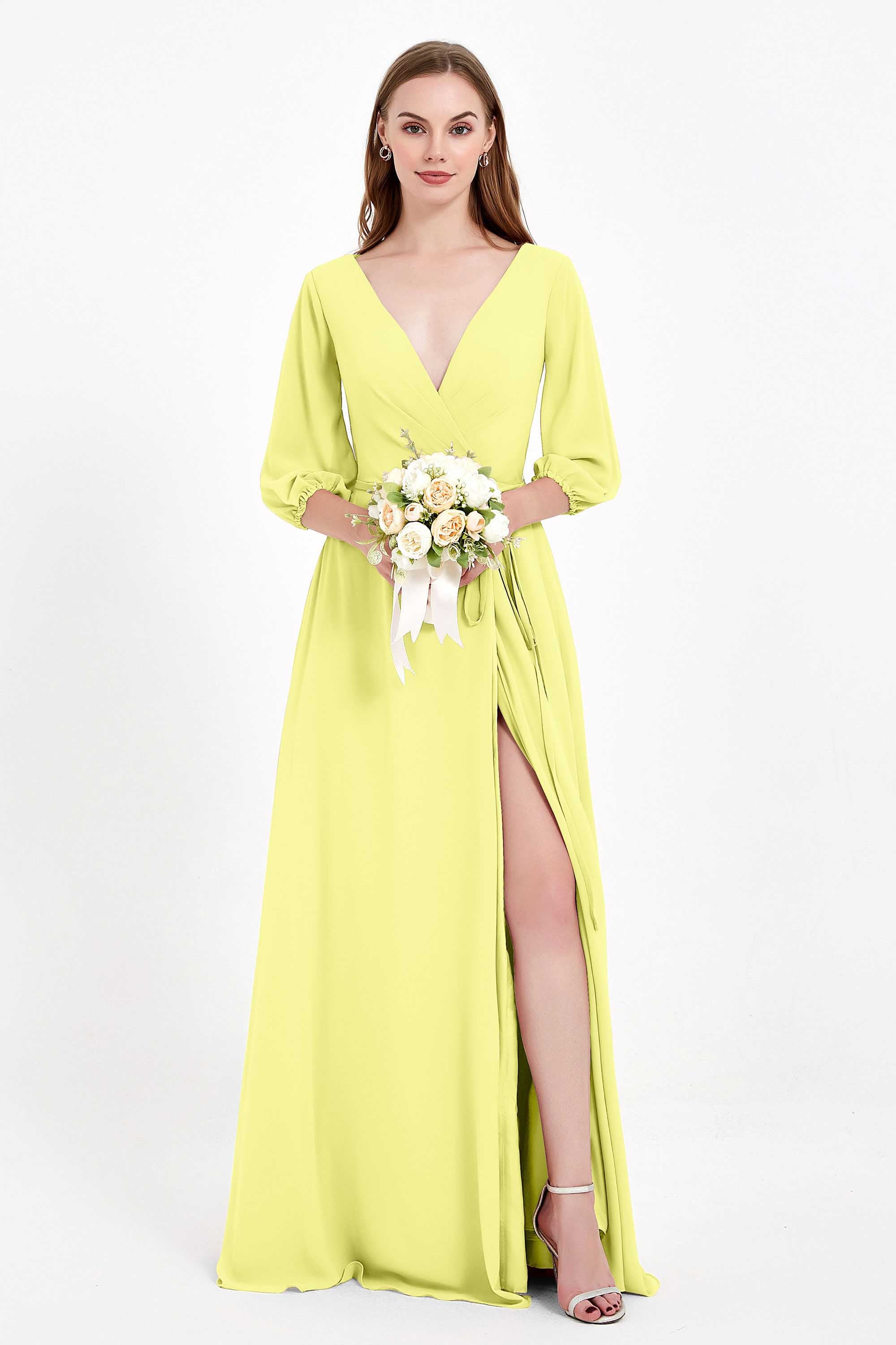 Long Sleeves V Neck Chiffon Bridesmaid Dresses Mother of the Bride Dress Evening Party Gowns