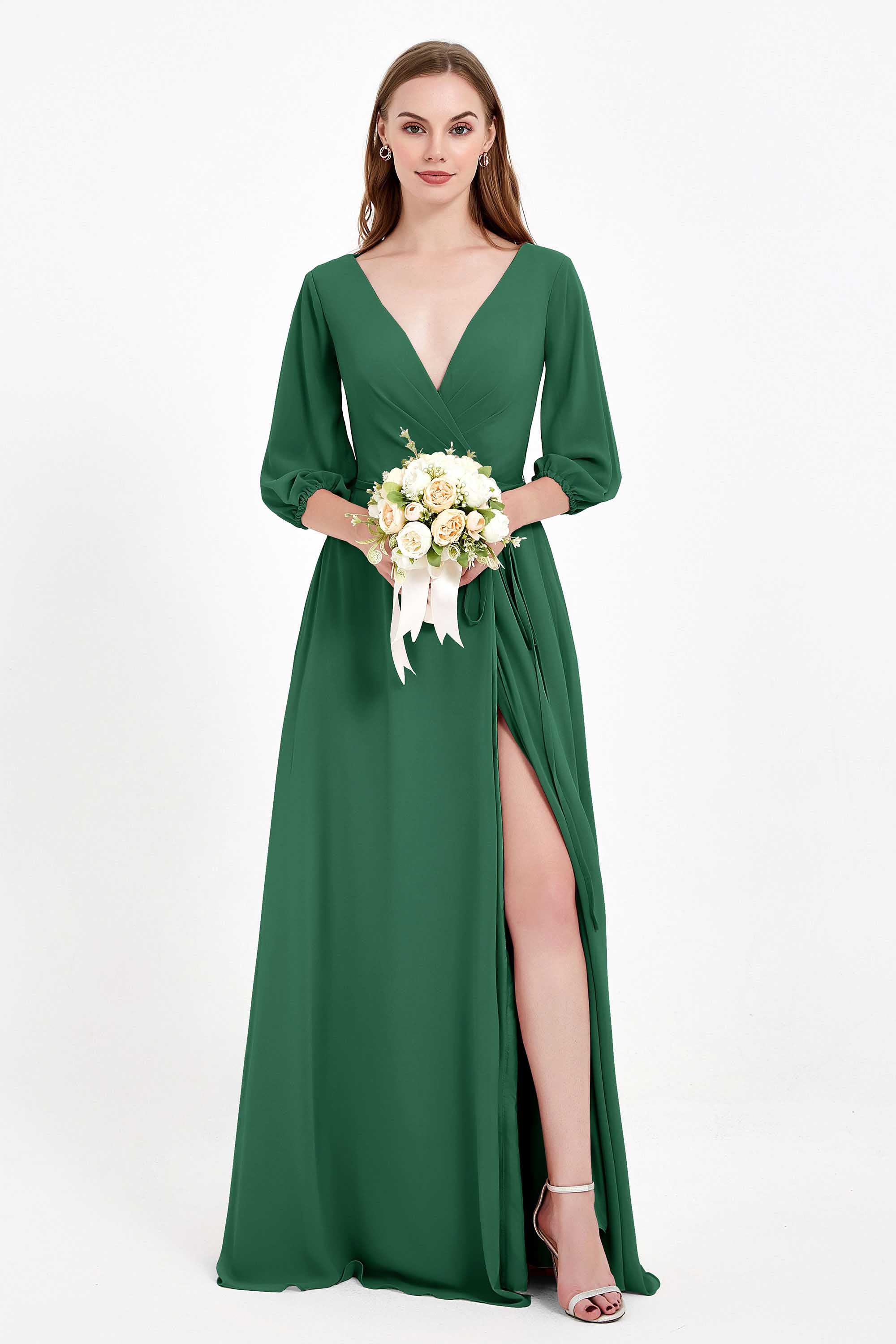 Long Sleeves V Neck Chiffon Bridesmaid Dresses Mother of the Bride Dress Evening Party Gowns