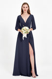 Long Sleeves V Neck Chiffon Bridesmaid Dresses Mother of the Bride Dress Evening Party Gowns