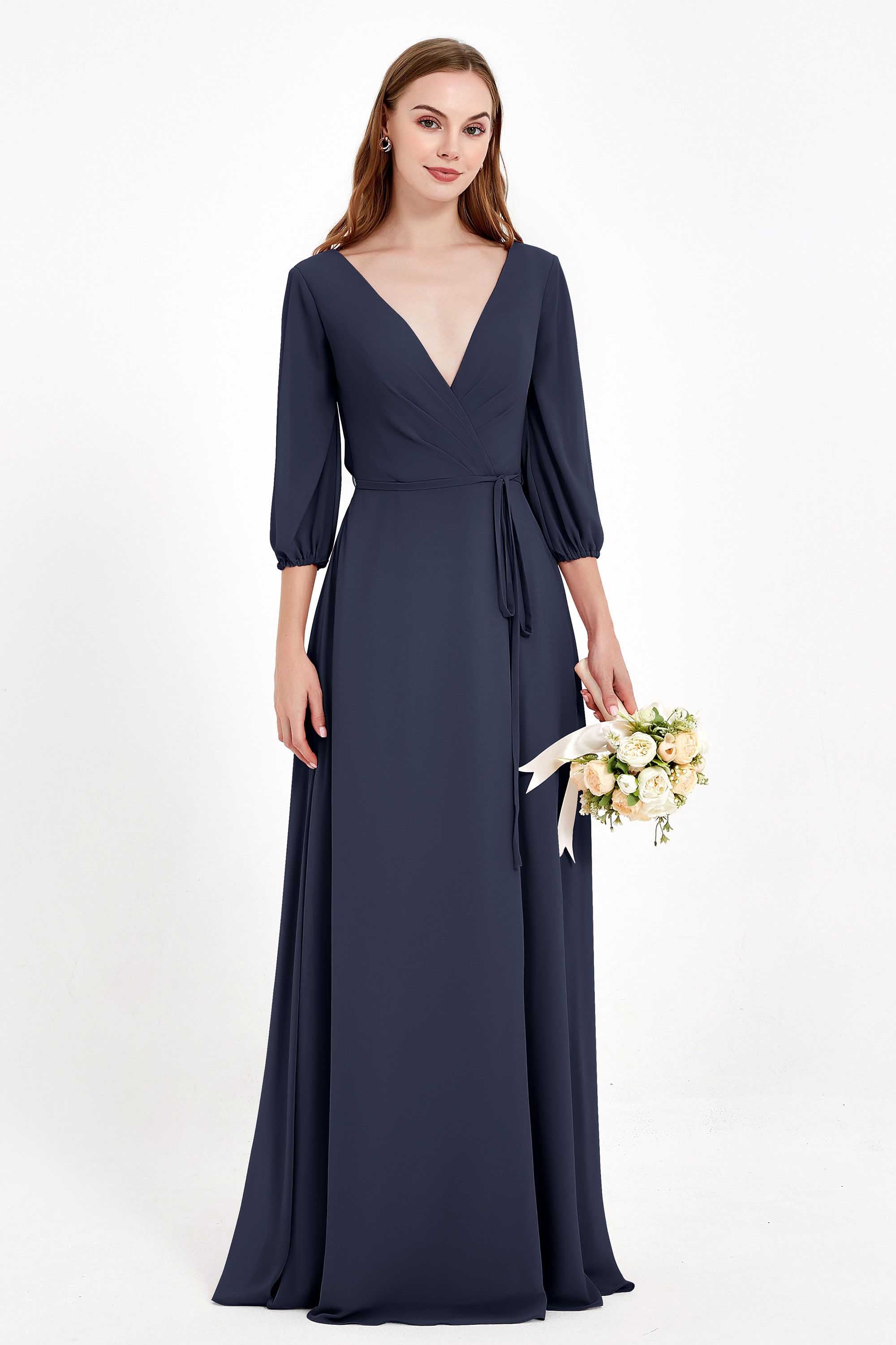 Long Sleeves V Neck Chiffon Bridesmaid Dresses Mother of the Bride Dress Evening Party Gowns