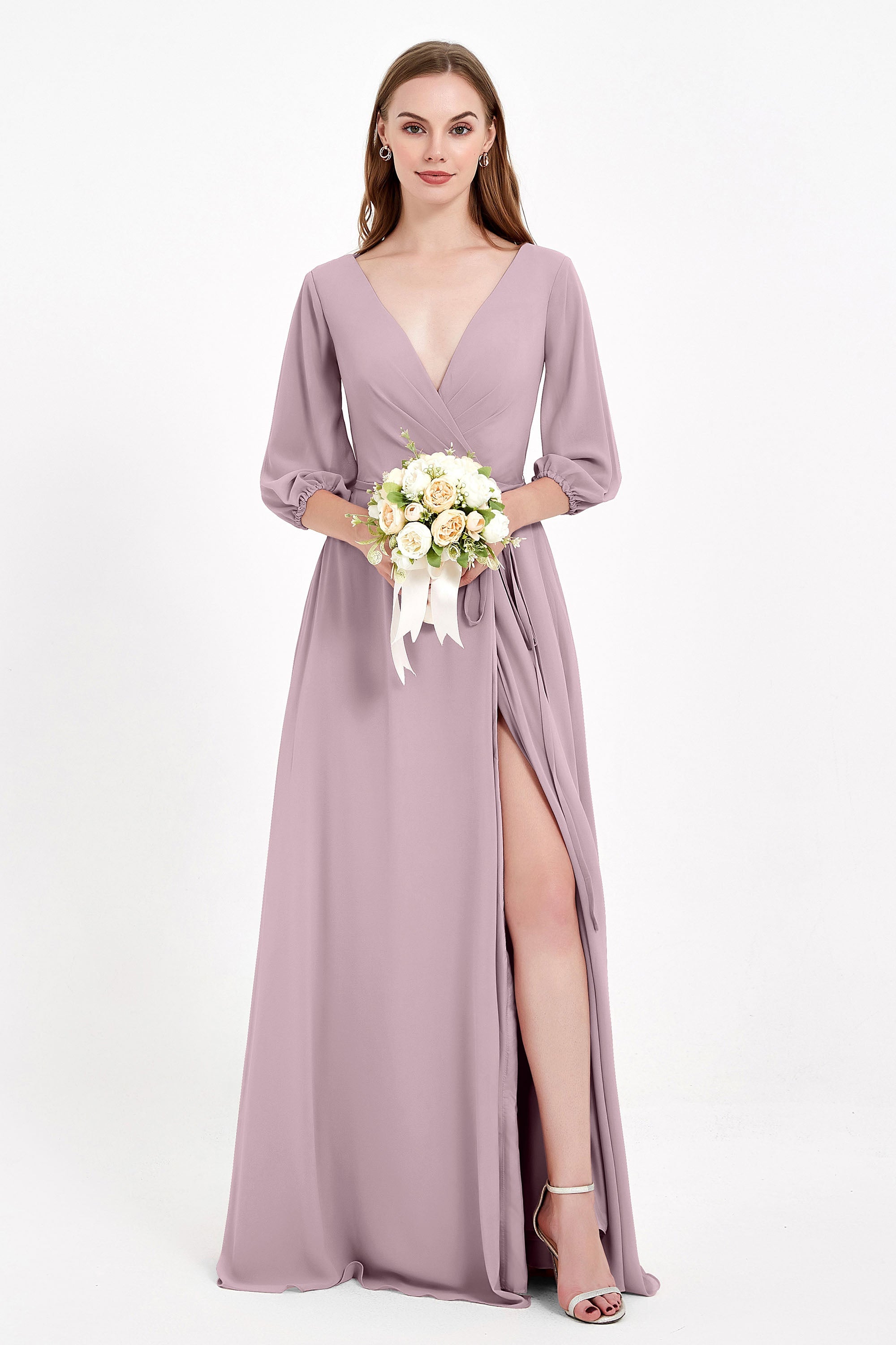 Long Sleeves V Neck Chiffon Bridesmaid Dresses Mother of the Bride Dress Evening Party Gowns