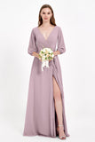 Long Sleeves V Neck Chiffon Bridesmaid Dresses Mother of the Bride Dress Evening Party Gowns