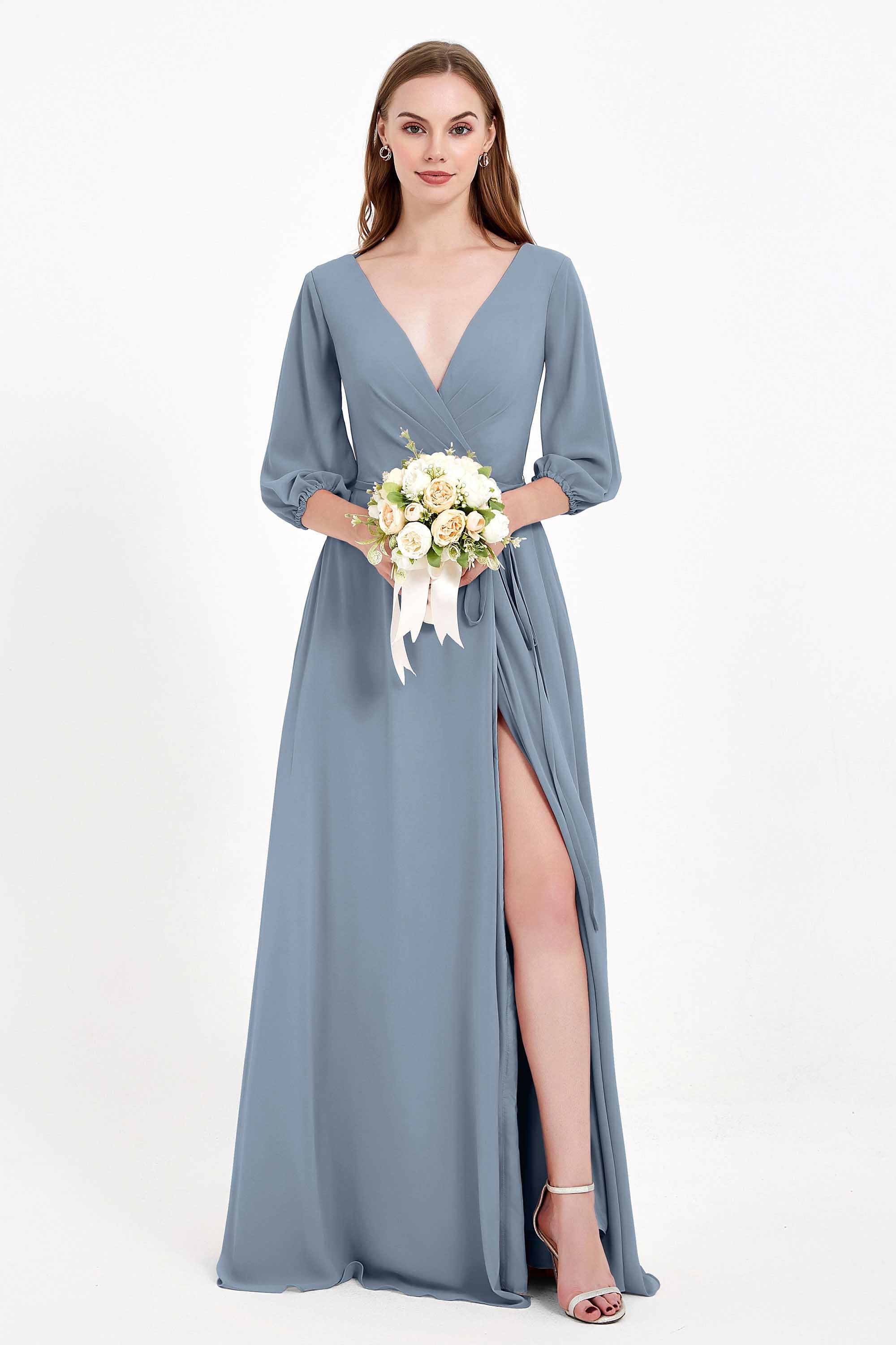 Long Sleeves V Neck Chiffon Bridesmaid Dresses Mother of the Bride Dress Evening Party Gowns