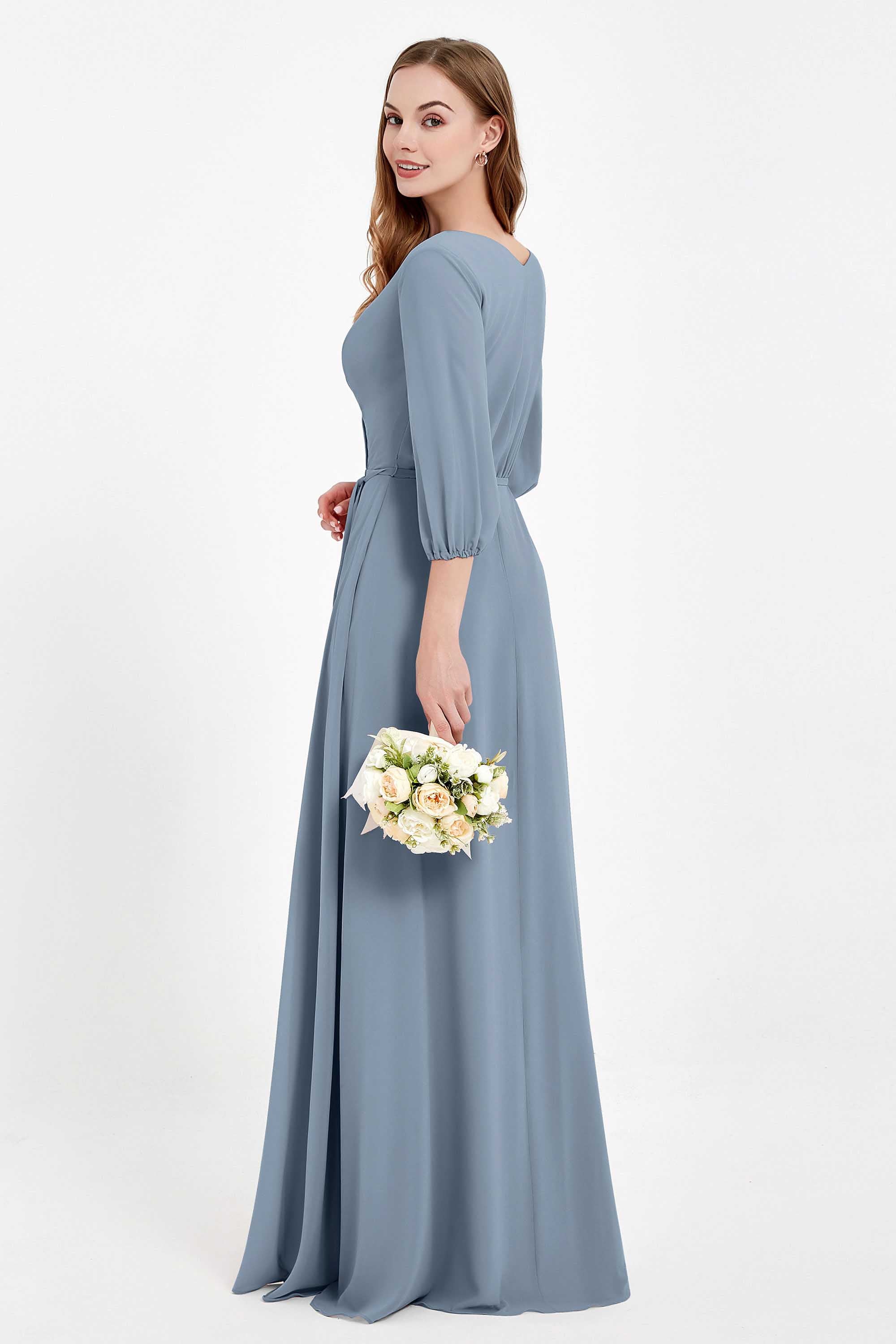 Long Sleeves V Neck Chiffon Bridesmaid Dresses Mother of the Bride Dress Evening Party Gowns