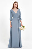 Long Sleeves V Neck Chiffon Bridesmaid Dresses Mother of the Bride Dress Evening Party Gowns