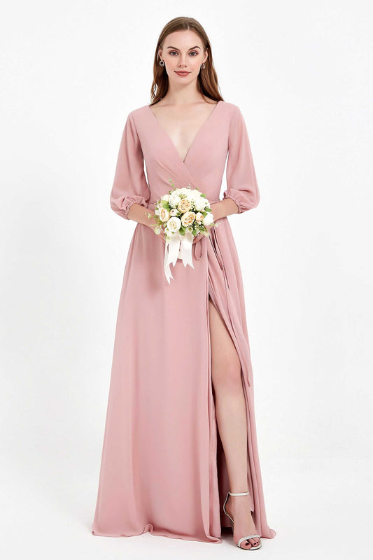 Long Sleeves V Neck Chiffon Bridesmaid Dresses Mother of the Bride Dress Evening Party Gowns