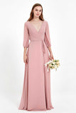 Long Sleeves V Neck Chiffon Bridesmaid Dresses Mother of the Bride Dress Evening Party Gowns