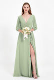 Long Sleeves V Neck Chiffon Bridesmaid Dresses Mother of the Bride Dress Evening Party Gowns