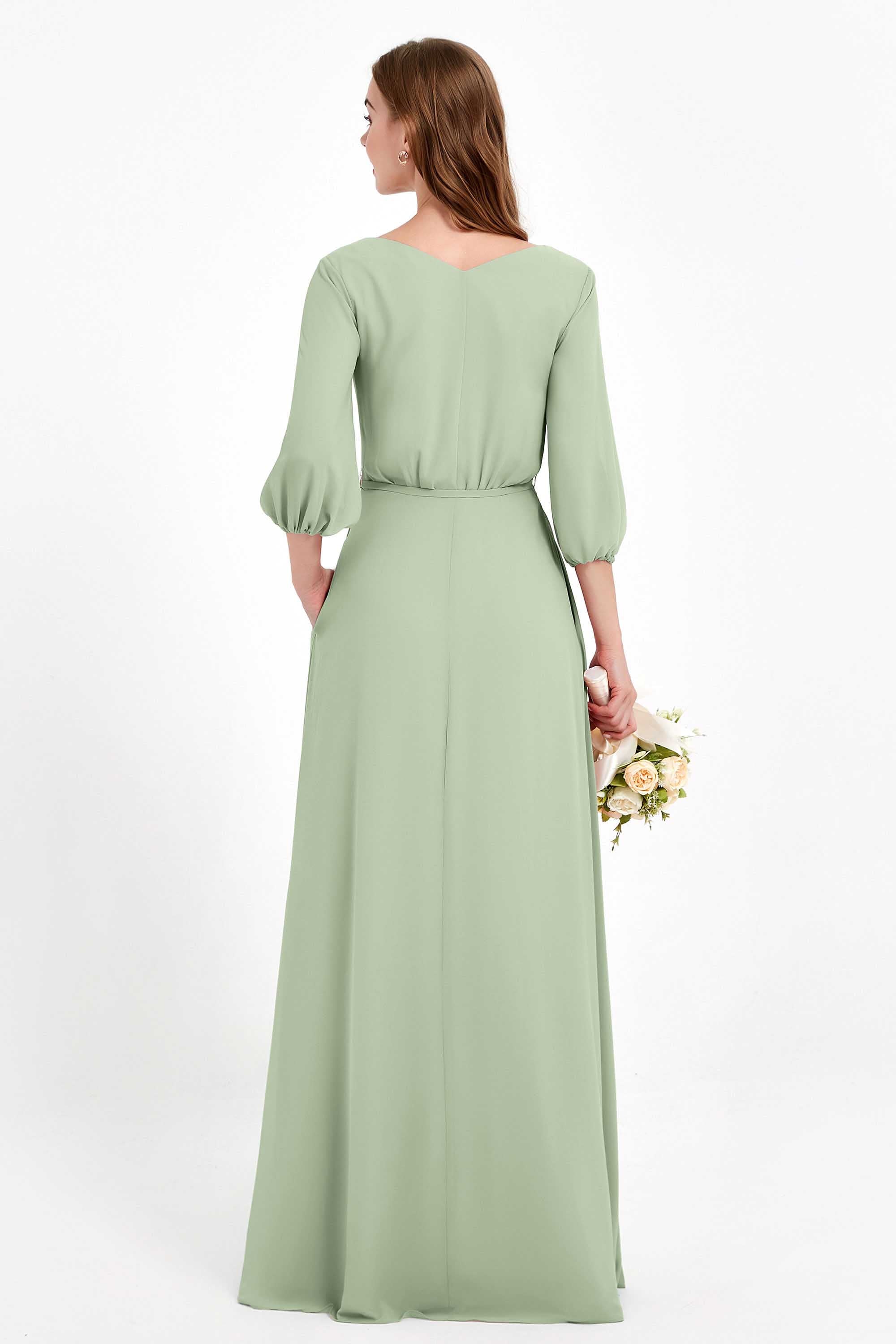 Long Sleeves V Neck Chiffon Bridesmaid Dresses Mother of the Bride Dress Evening Party Gowns