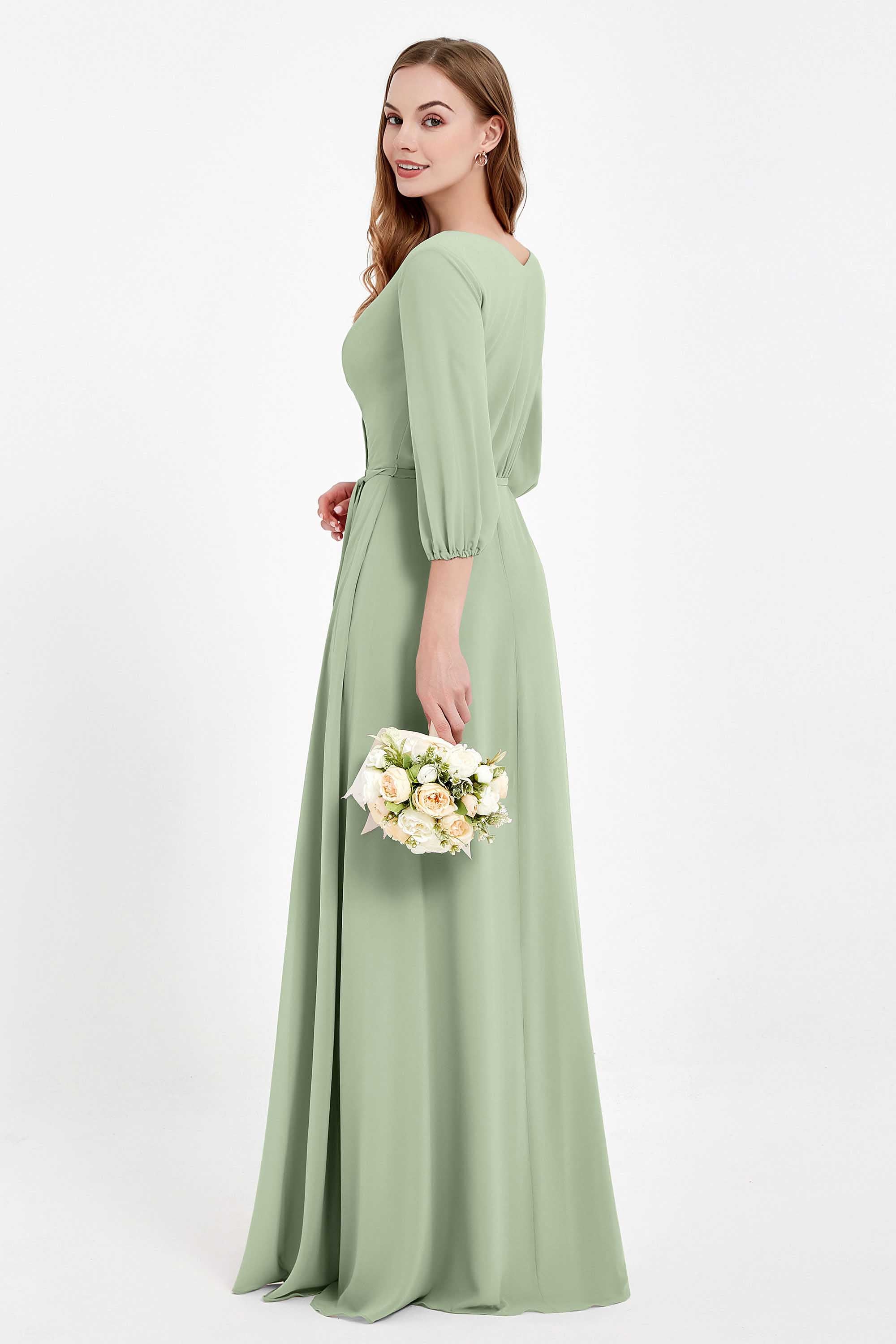 Long Sleeves V Neck Chiffon Bridesmaid Dresses Mother of the Bride Dress Evening Party Gowns