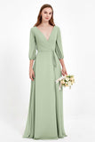 Long Sleeves V Neck Chiffon Bridesmaid Dresses Mother of the Bride Dress Evening Party Gowns