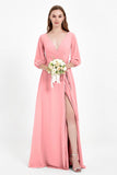 Long Sleeves V Neck Chiffon Bridesmaid Dresses Mother of the Bride Dress Evening Party Gowns