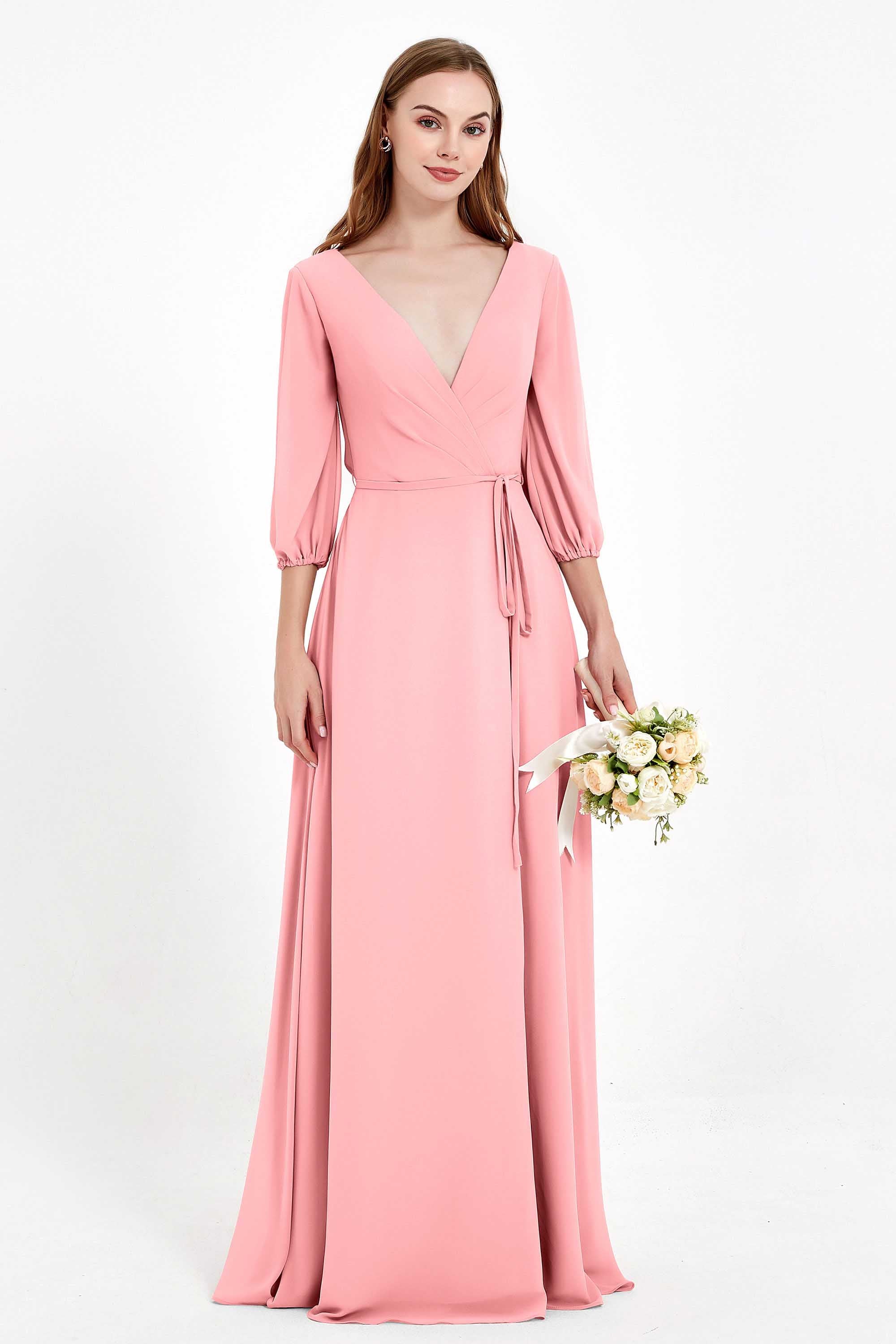Long Sleeves V Neck Chiffon Bridesmaid Dresses Mother of the Bride Dress Evening Party Gowns