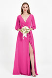 Long Sleeves V Neck Chiffon Bridesmaid Dresses Mother of the Bride Dress Evening Party Gowns