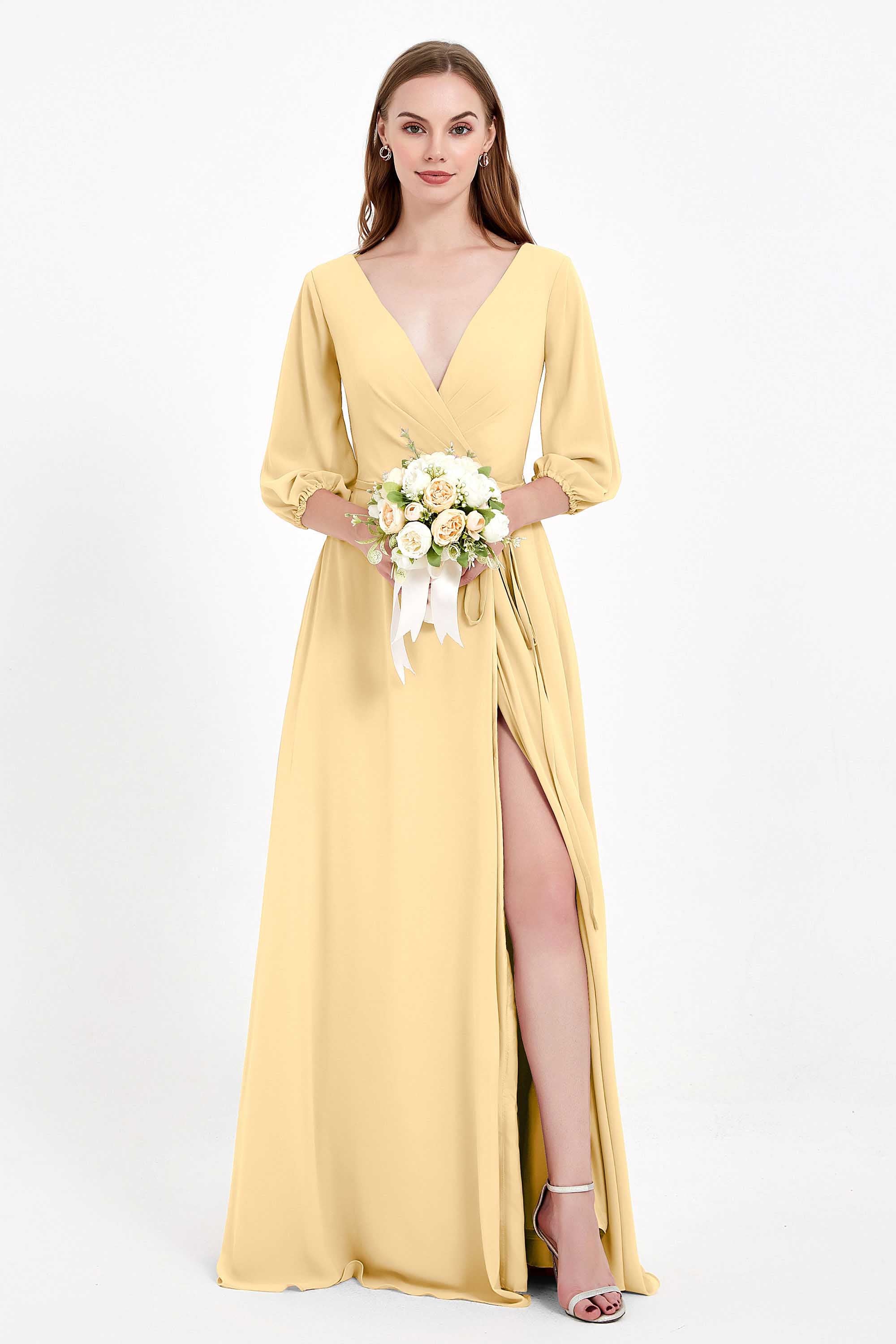Long Sleeves V Neck Chiffon Bridesmaid Dresses Mother of the Bride Dress Evening Party Gowns