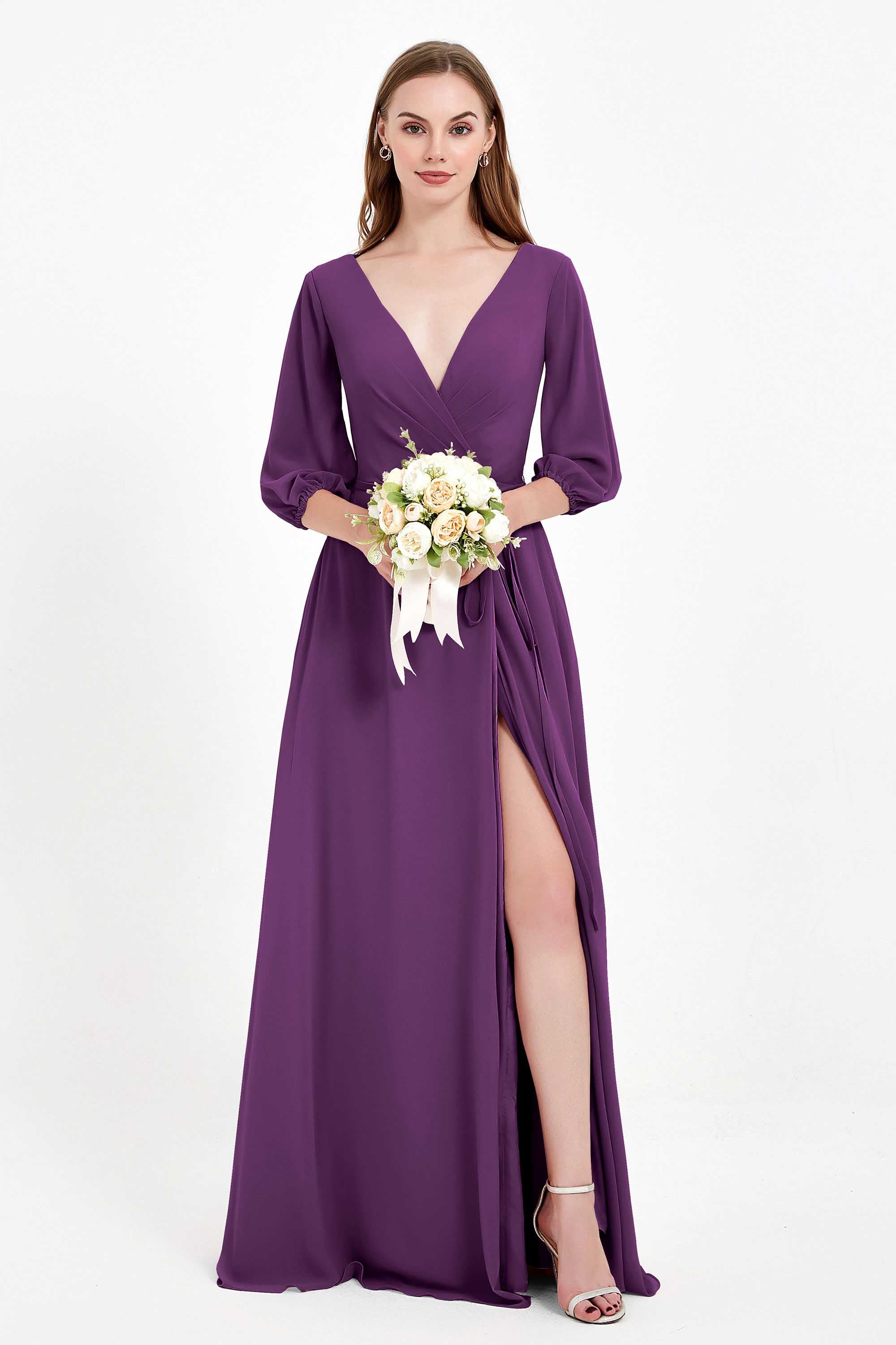 Long Sleeves V Neck Chiffon Bridesmaid Dresses Mother of the Bride Dress Evening Party Gowns