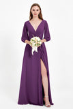 Long Sleeves V Neck Chiffon Bridesmaid Dresses Mother of the Bride Dress Evening Party Gowns