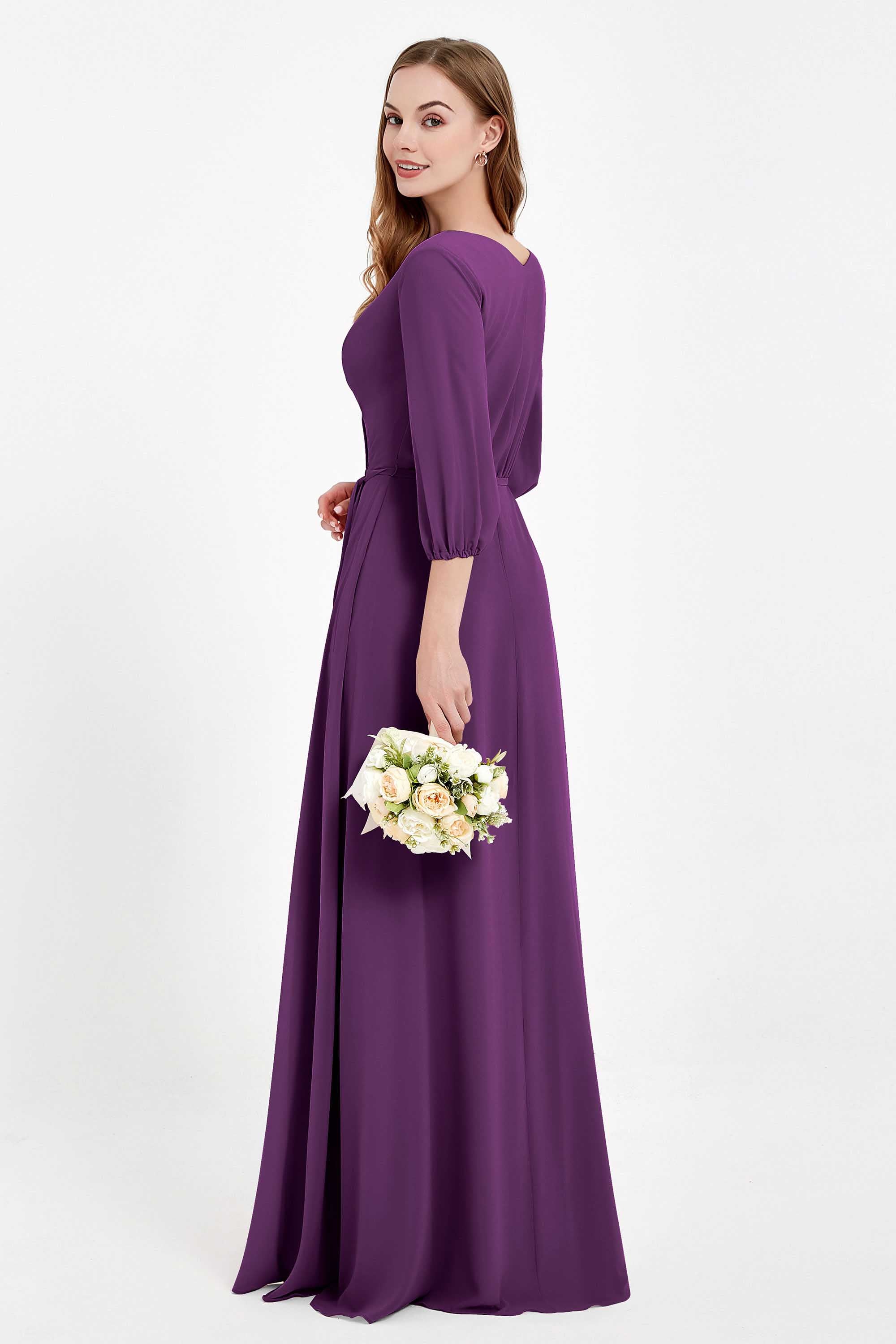 Long Sleeves V Neck Chiffon Bridesmaid Dresses Mother of the Bride Dress Evening Party Gowns