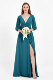 Long Sleeves V Neck Chiffon Bridesmaid Dresses Mother of the Bride Dress Evening Party Gowns
