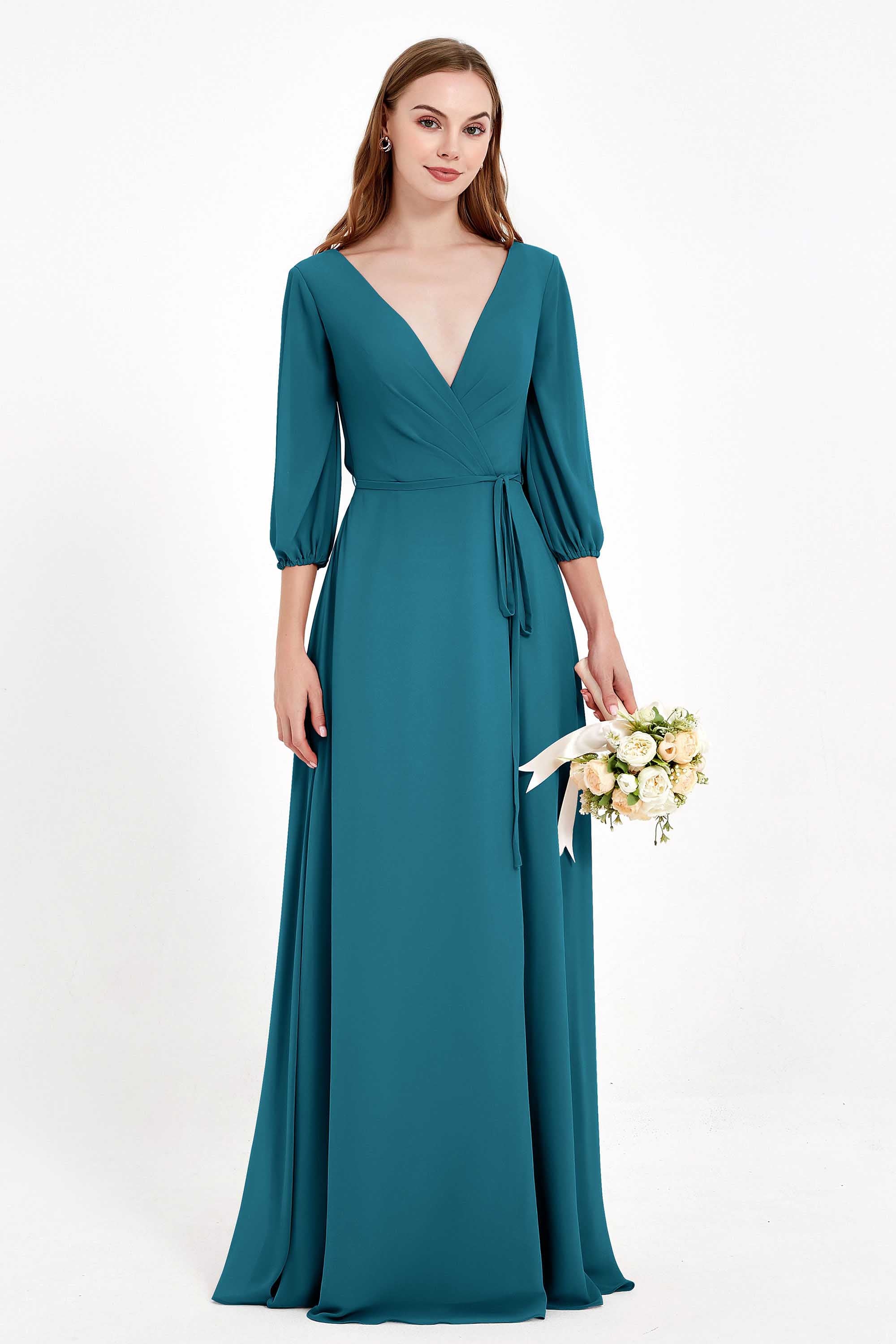 Long Sleeves V Neck Chiffon Bridesmaid Dresses Mother of the Bride Dress Evening Party Gowns
