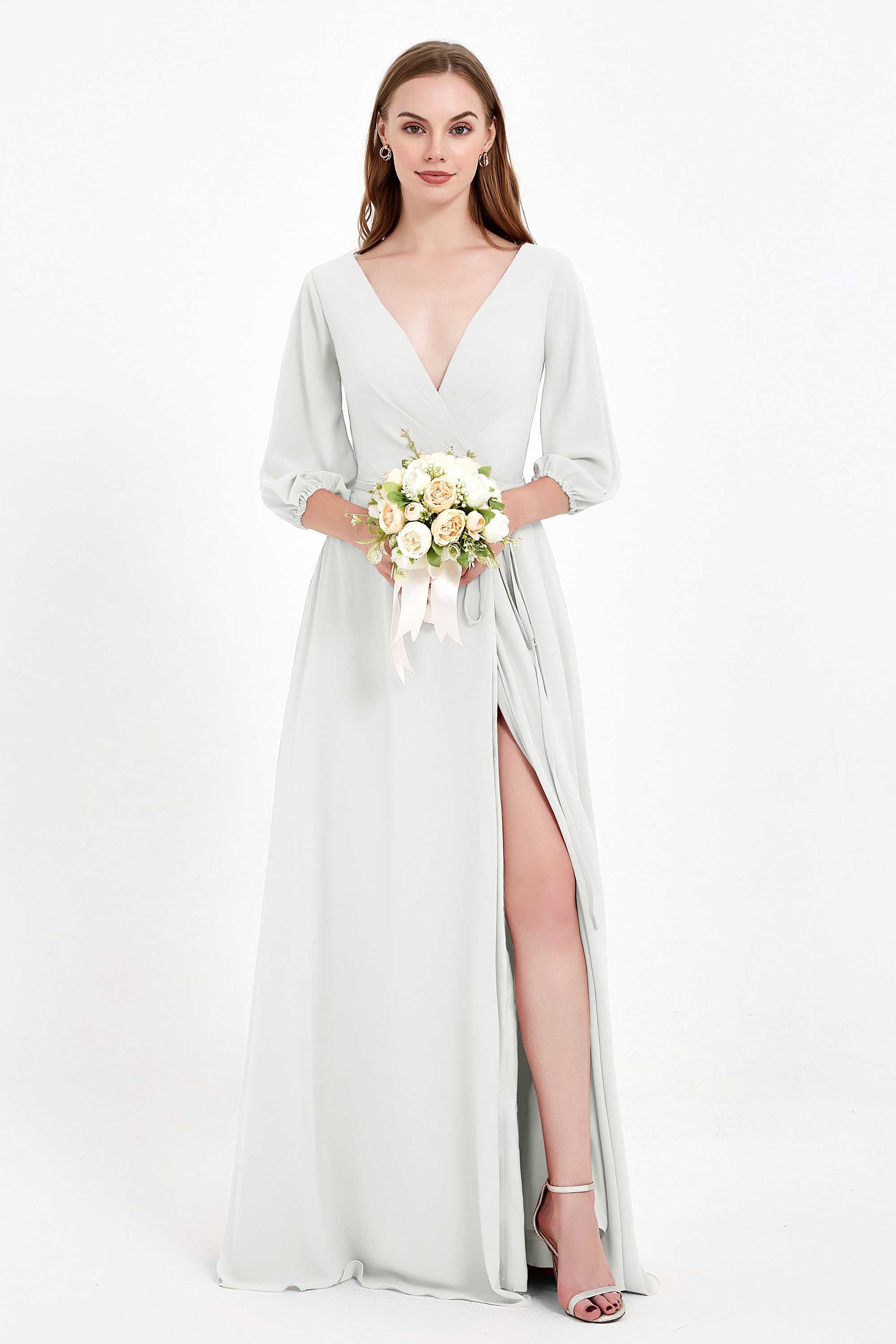 Long Sleeves V Neck Chiffon Bridesmaid Dresses Mother of the Bride Dress Evening Party Gowns