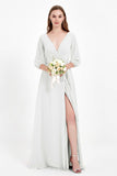 Long Sleeves V Neck Chiffon Bridesmaid Dresses Mother of the Bride Dress Evening Party Gowns
