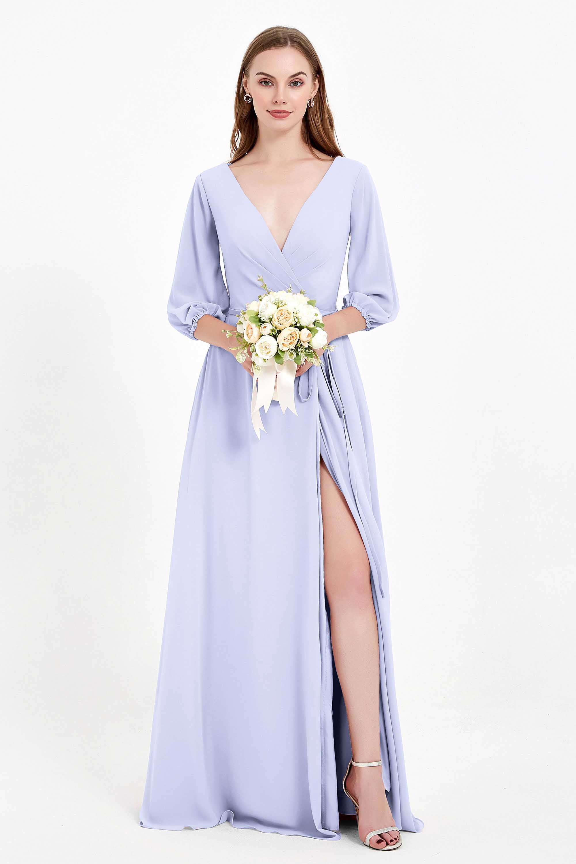 Long Sleeves V Neck Chiffon Bridesmaid Dresses Mother of the Bride Dress Evening Party Gowns